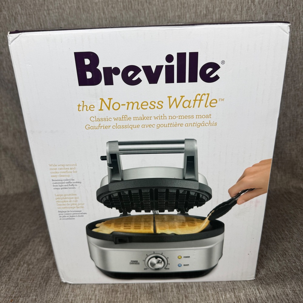 Breville The No-Mess Waffle Maker Classic Silver Stainless Steel New Open Box